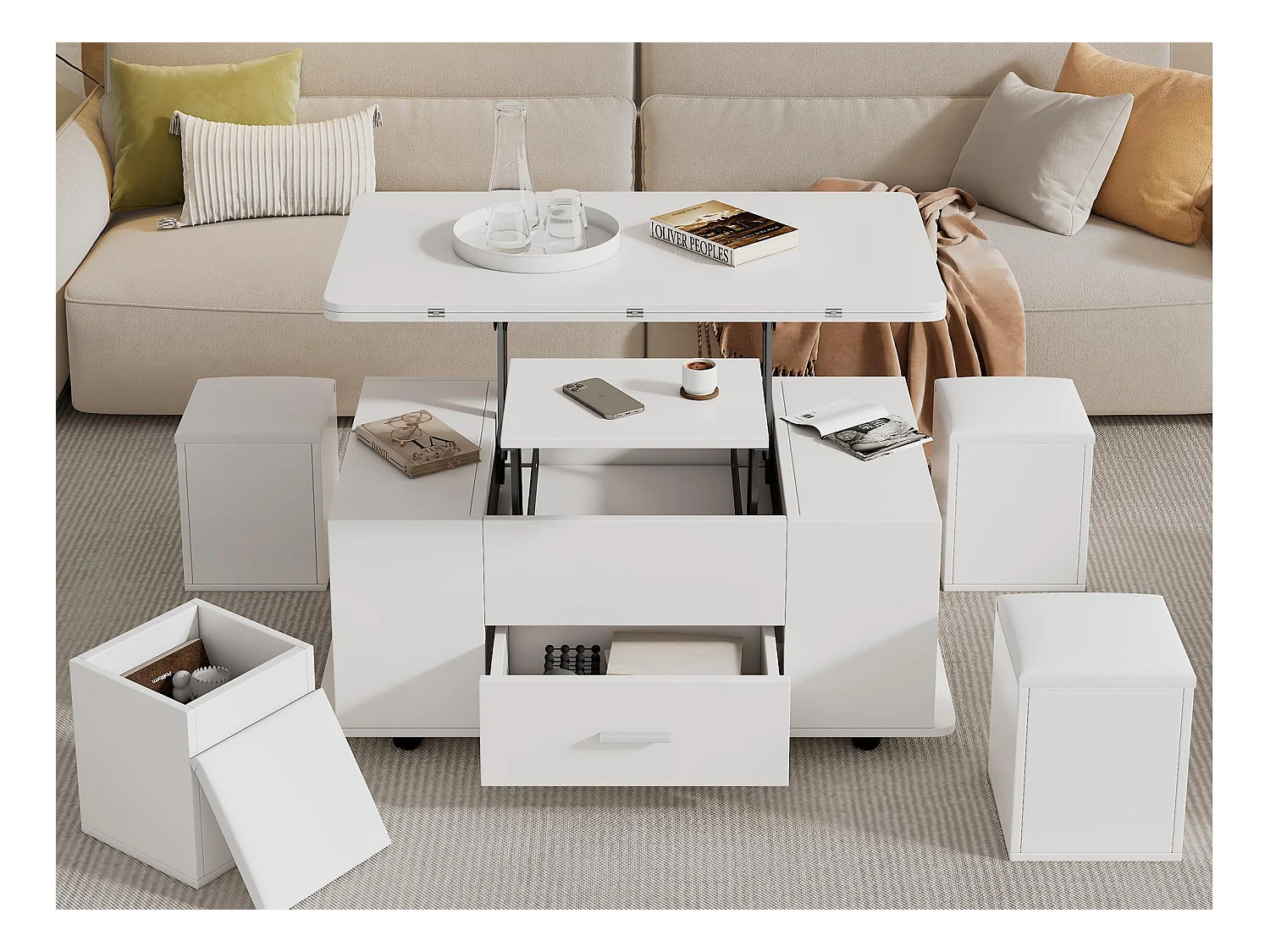 Table basse réglable en hauteur 100x50x45cm - multifonction 4 en 1 - avec 1 tiroir - avec 4 tabourets - blanc