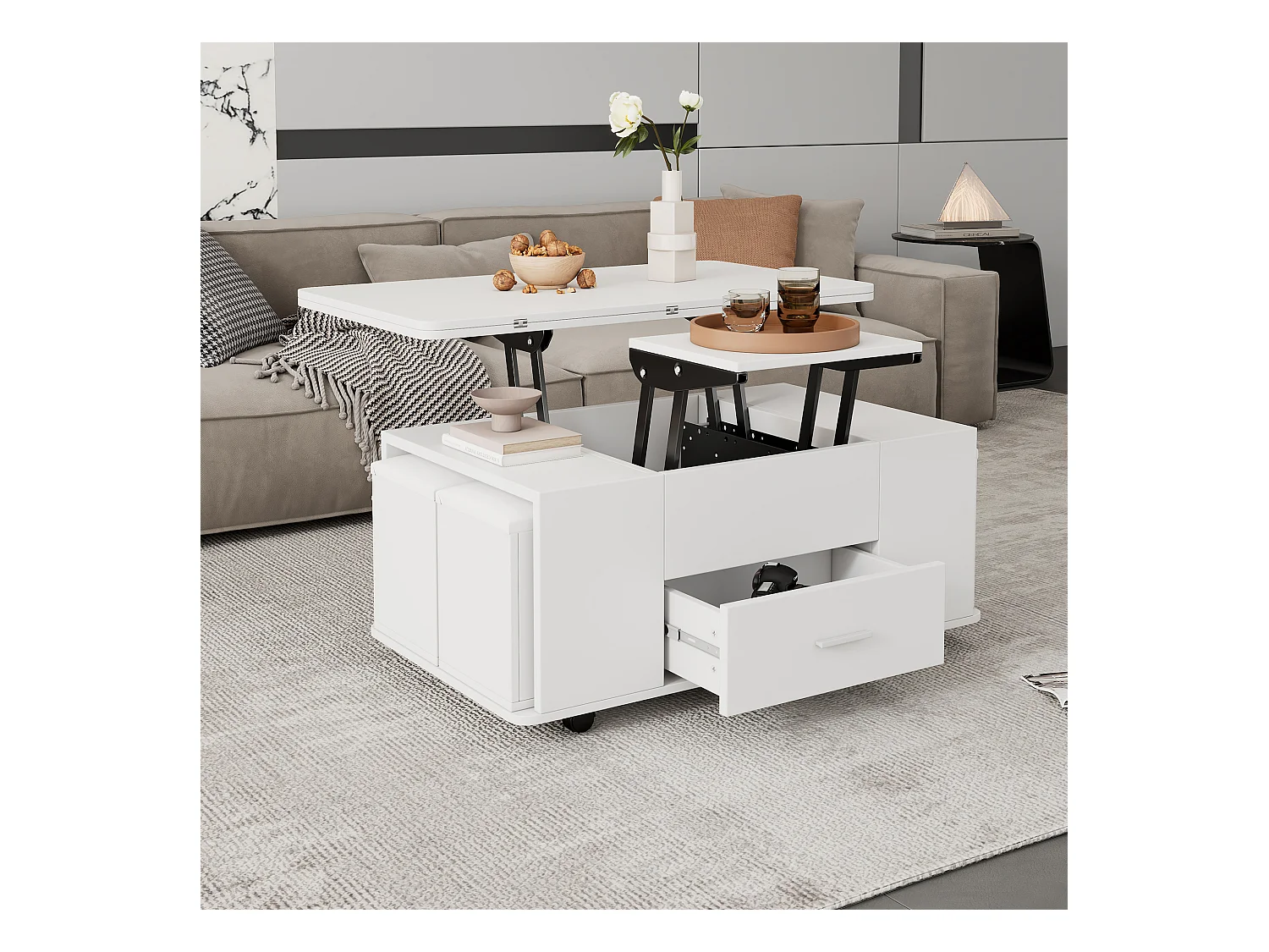 Table basse réglable en hauteur 100x50x45cm - multifonction 4 en 1 - avec 1 tiroir - avec 4 tabourets - blanc