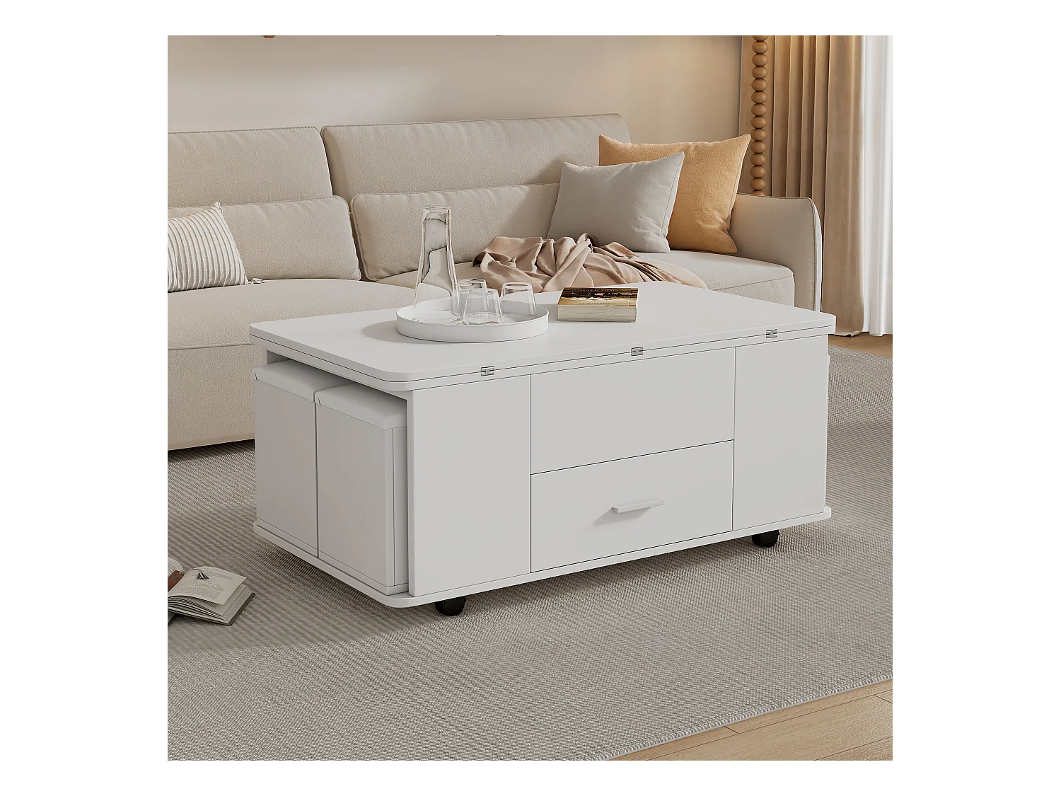 Table basse réglable en hauteur 100x50x45cm - multifonction 4 en 1 - avec 1 tiroir - avec 4 tabourets - blanc