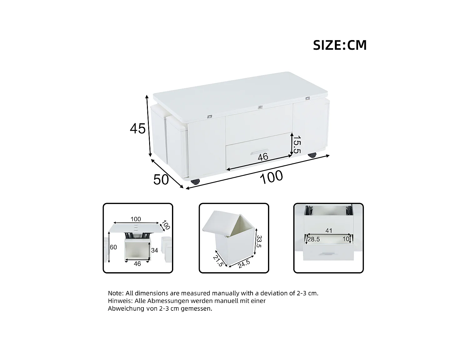 Table basse réglable en hauteur 100x50x45cm - multifonction 4 en 1 - avec 1 tiroir - avec 4 tabourets - blanc