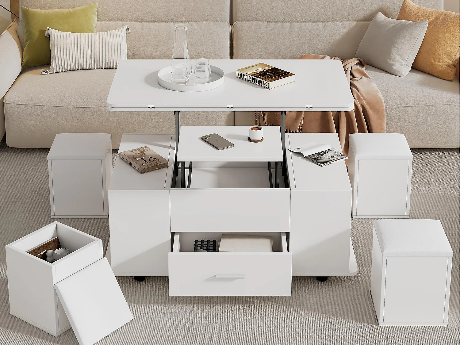 Table basse réglable en hauteur 100x50x45cm - multifonction 4 en 1 - avec 1 tiroir - avec 4 tabourets - blanc