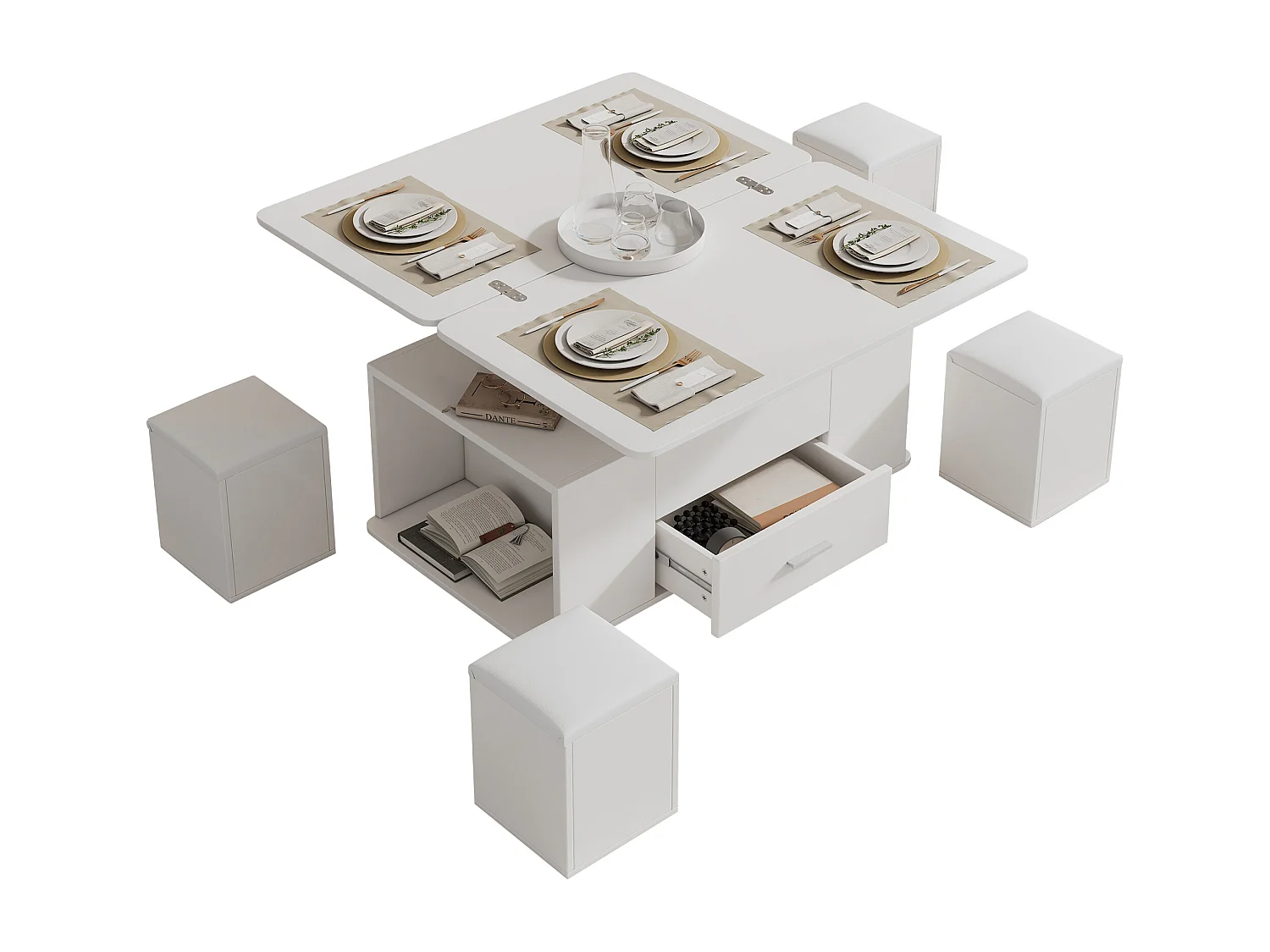 Table basse réglable en hauteur 100x50x45cm - multifonction 4 en 1 - avec 1 tiroir - avec 4 tabourets - blanc