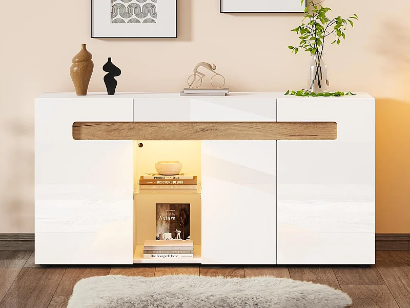 Buffet moderno 140x40x70 cm - con illuminazione LED - con 3 porte - bianco