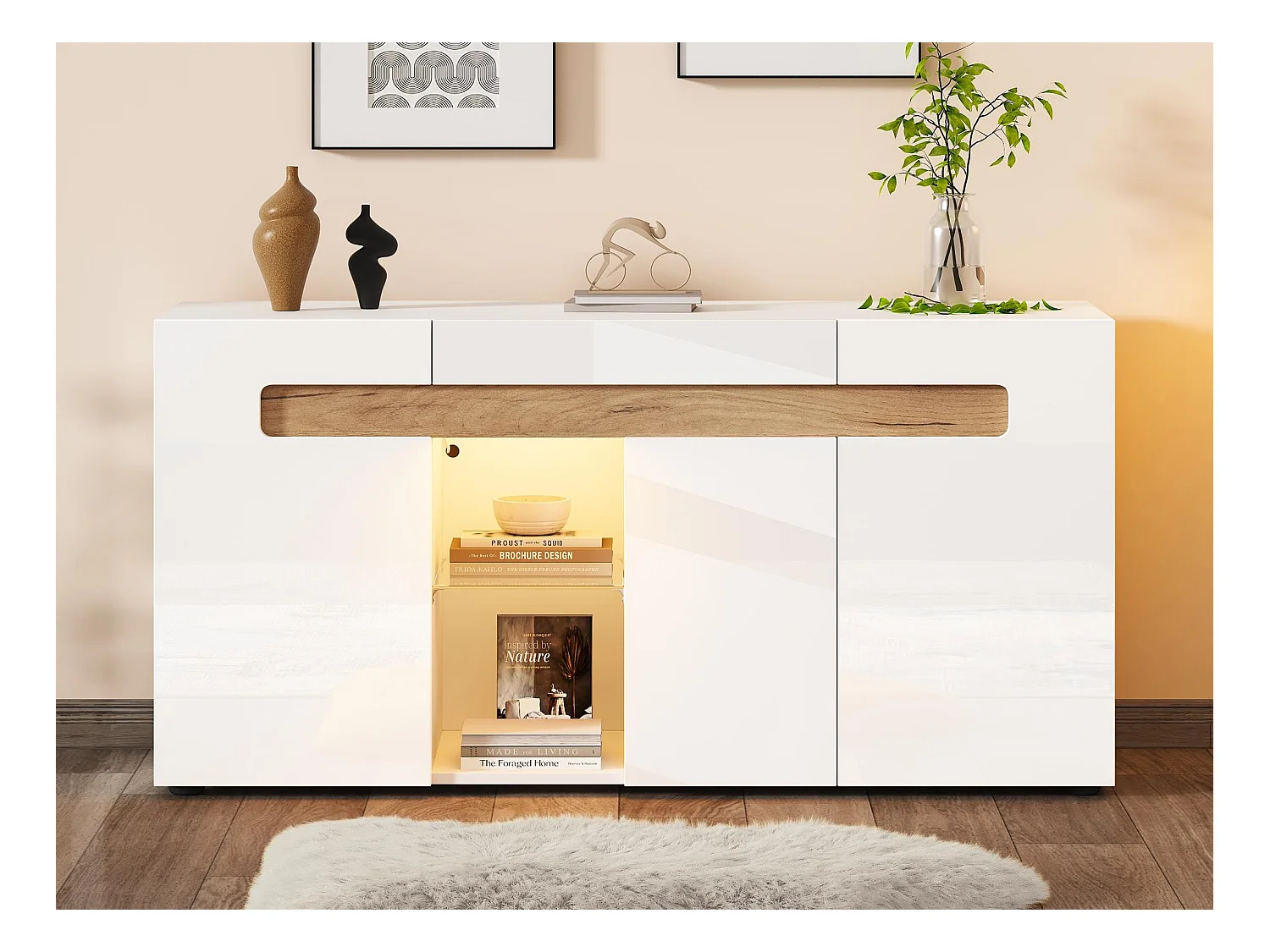 Buffet moderno 140x40x70 cm - con illuminazione LED - con 3 porte - bianco