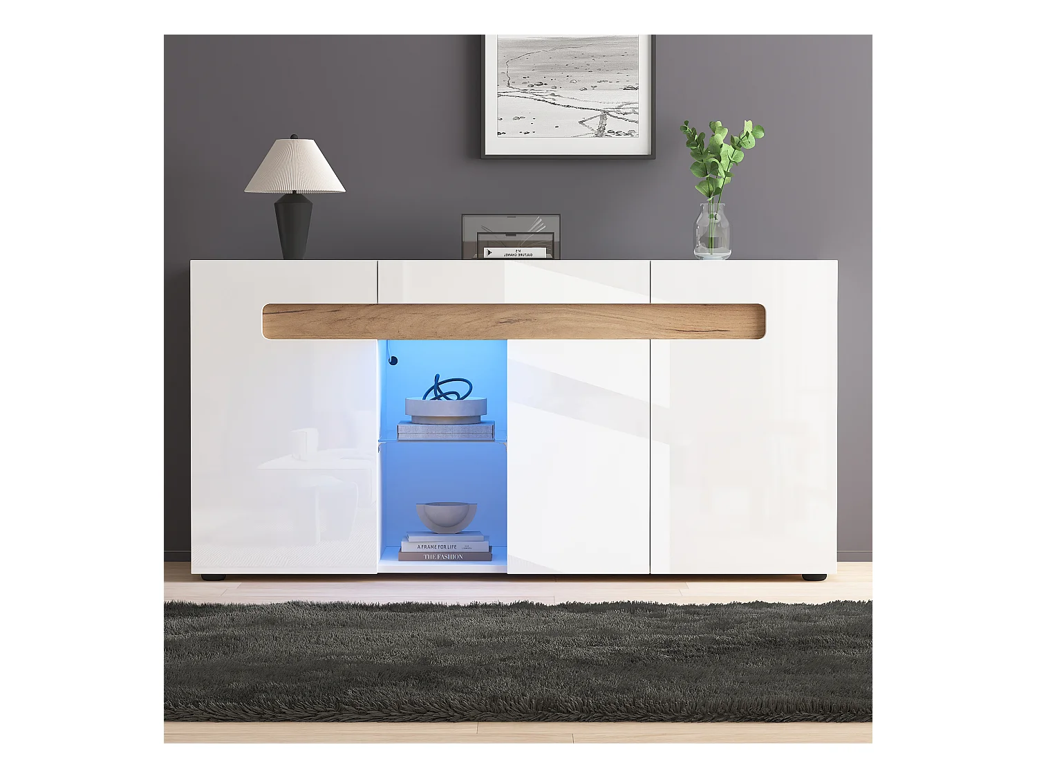 Buffet moderno 140x40x70 cm - con illuminazione LED - con 3 porte - bianco