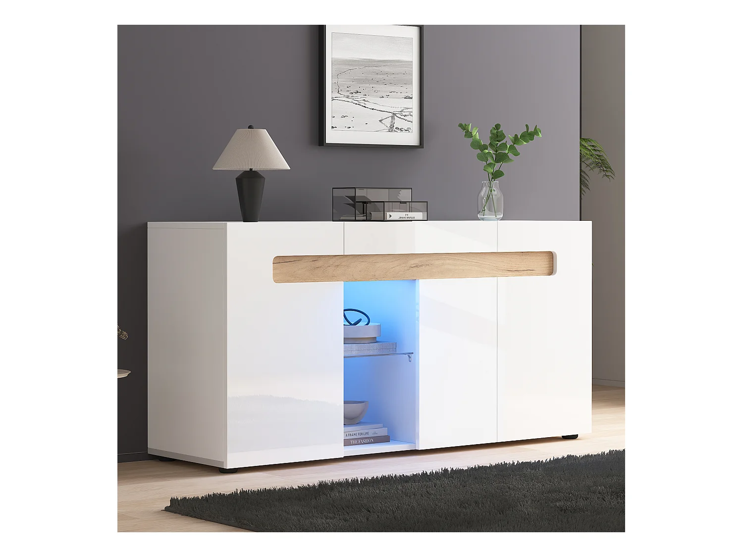 Buffet moderno 140x40x70 cm - con illuminazione LED - con 3 porte - bianco