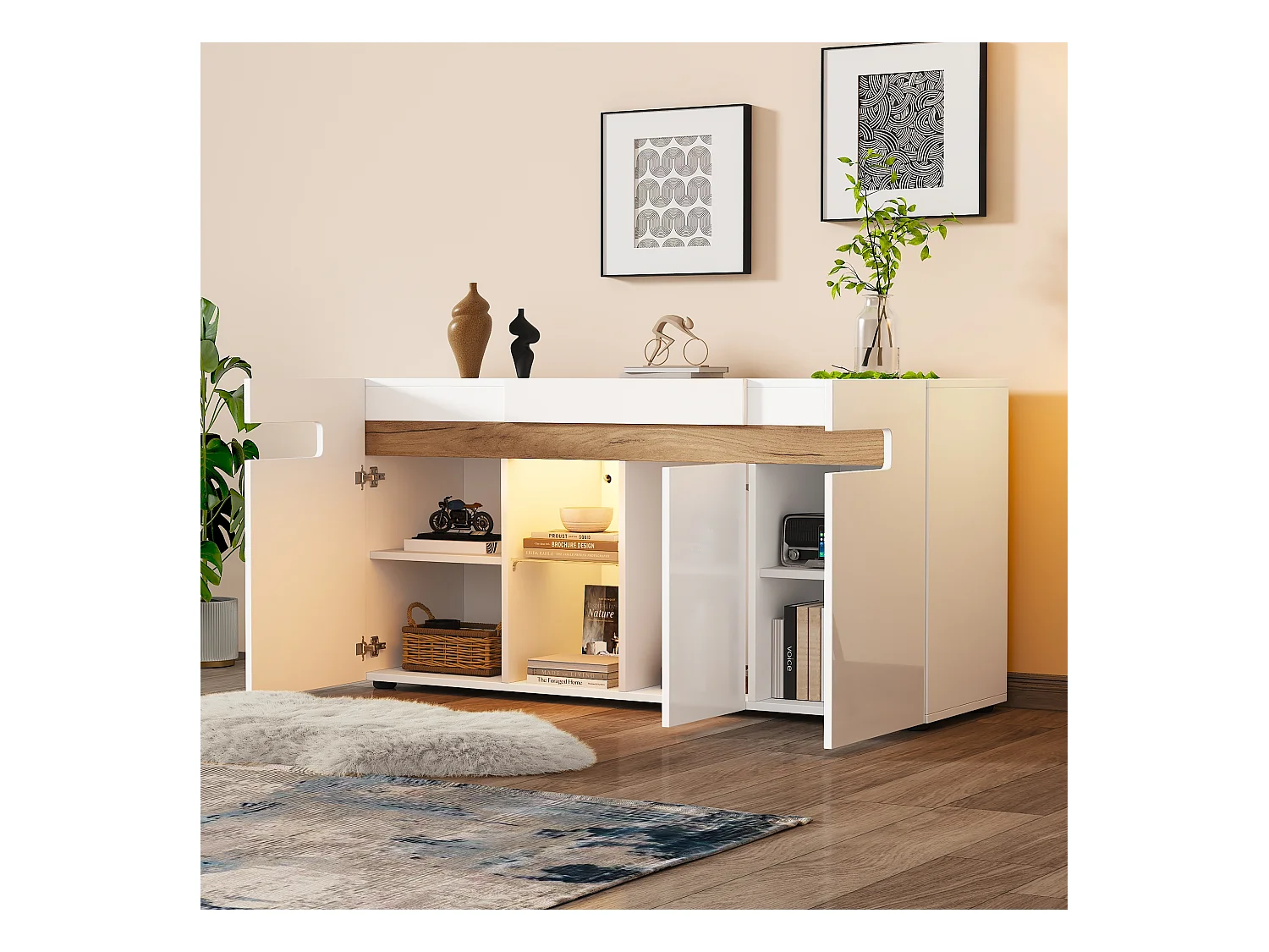 Buffet moderno 140x40x70 cm - con illuminazione LED - con 3 porte - bianco