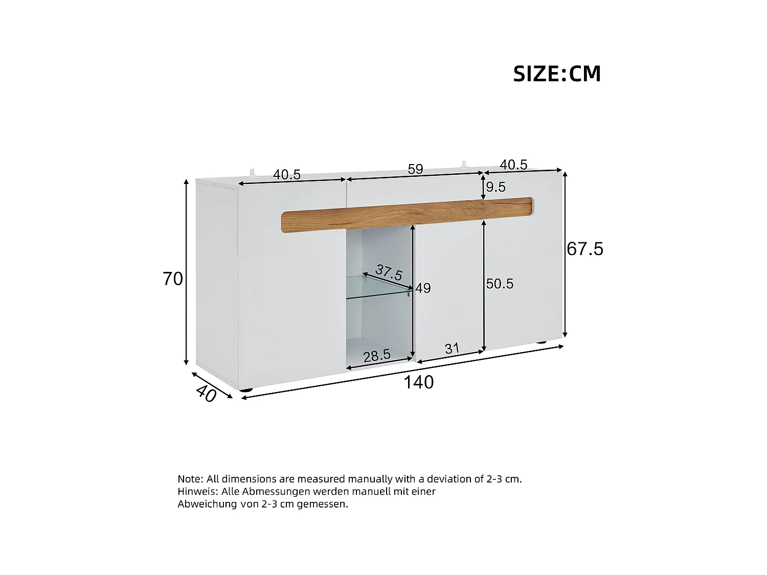 Buffet moderno 140x40x70 cm - con illuminazione LED - con 3 porte - bianco