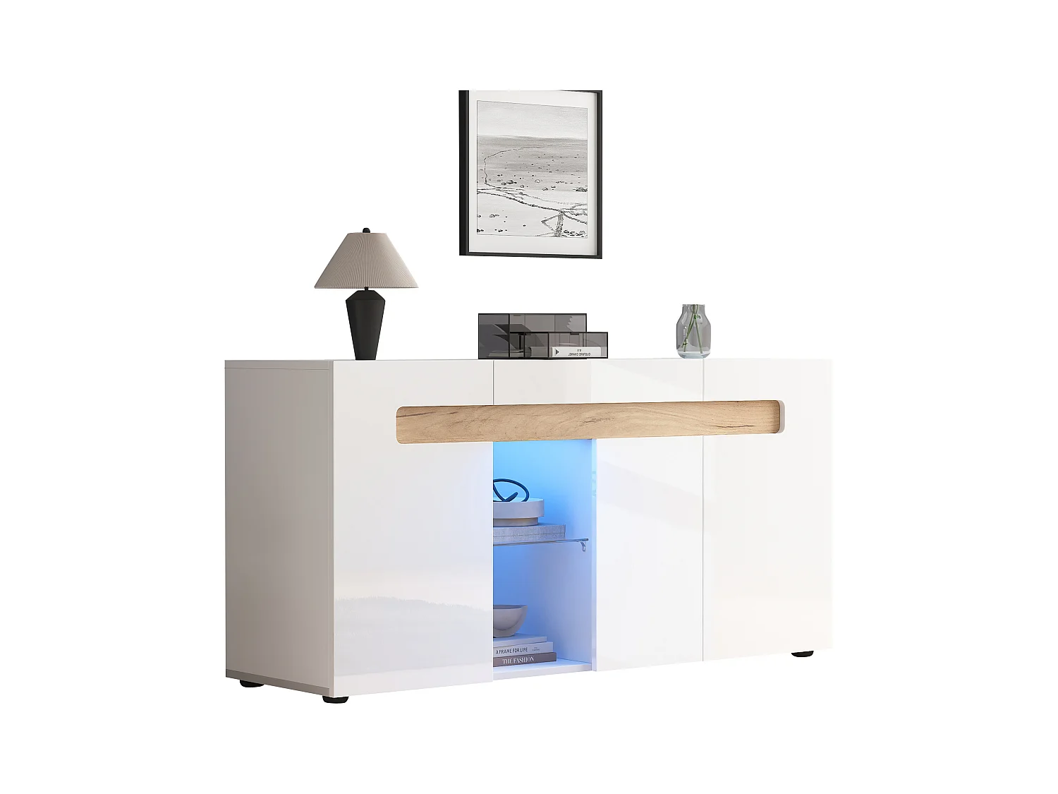 Buffet moderno 140x40x70 cm - con illuminazione LED - con 3 porte - bianco
