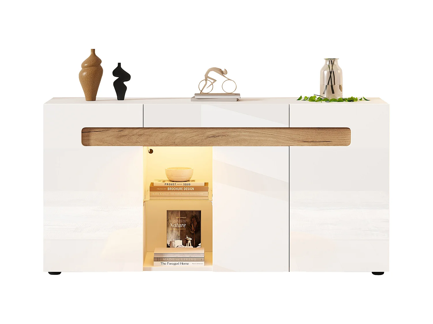 Buffet moderno 140x40x70 cm - con illuminazione LED - con 3 porte - bianco
