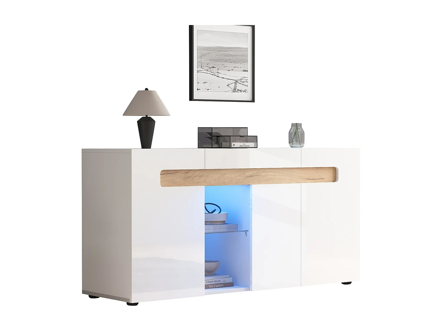 Buffet moderne 140x40x70 cm - avec éclairage LED - avec 3 portes - blanc