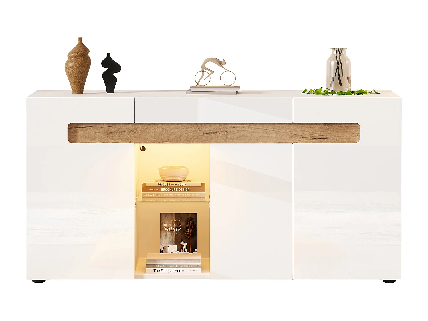 Buffet moderne 140x40x70 cm - avec éclairage LED - avec 3 portes - blanc
