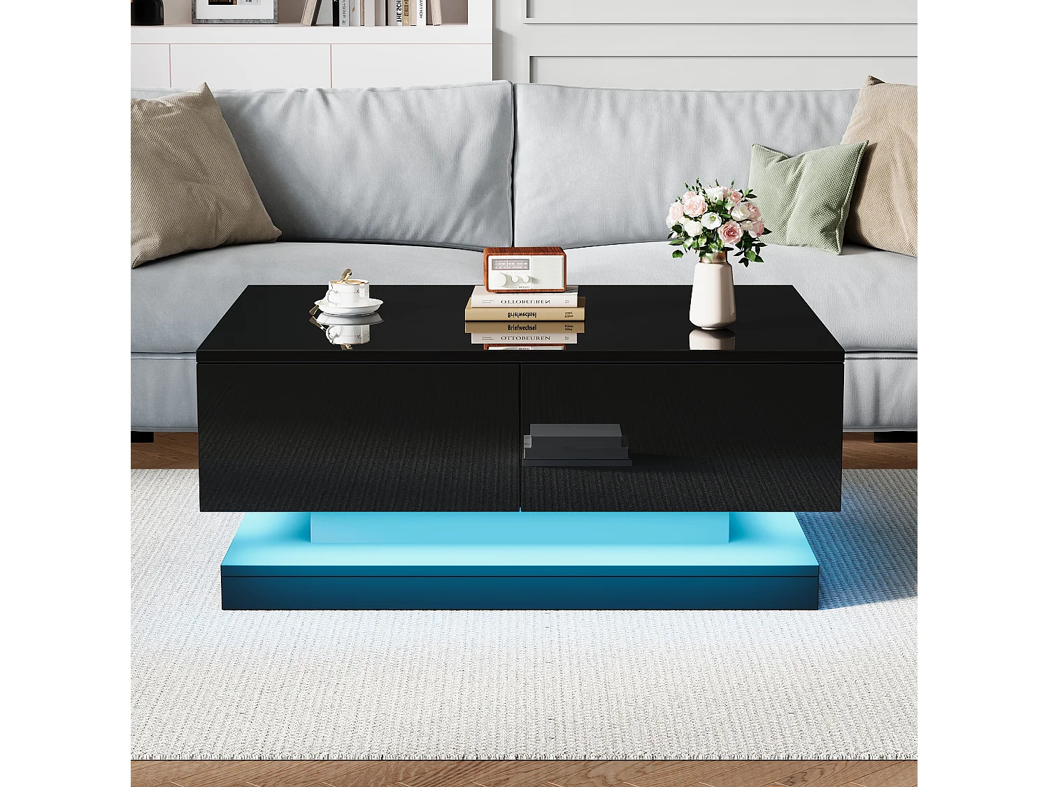 Table basse haute brillance 90x50x38cm - Avec 2 tiroirs - Avec éclairage LED - Noir