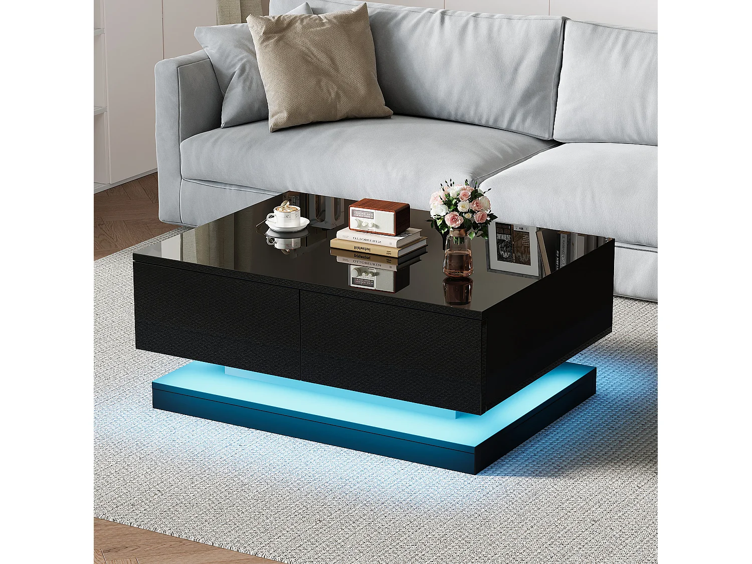Table basse haute brillance 90x50x38cm - Avec 2 tiroirs - Avec éclairage LED - Noir