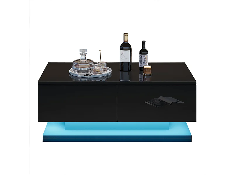 Table basse haute brillance 90x50x38cm - Avec 2 tiroirs - Avec éclairage LED - Noir