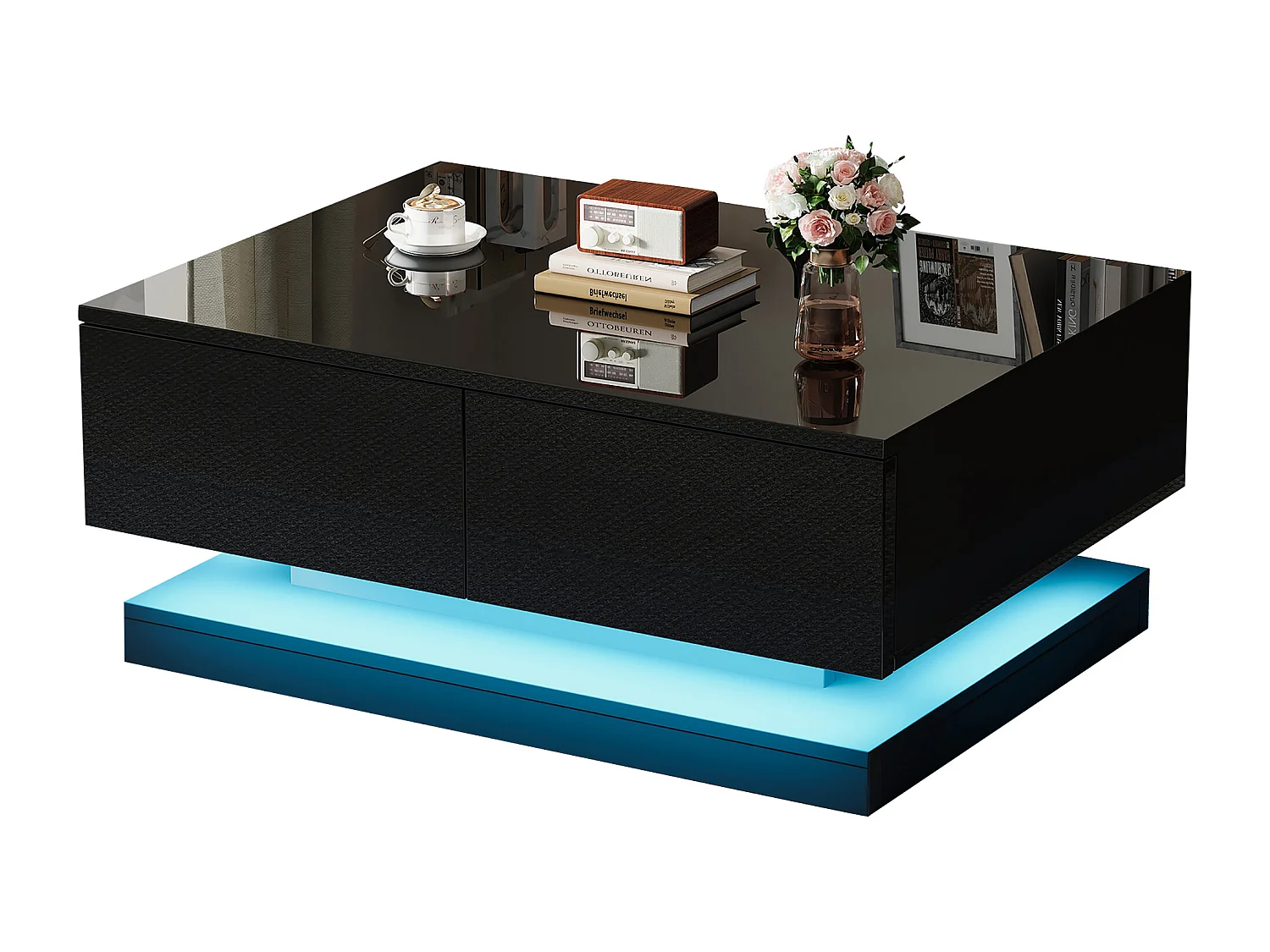 Table basse haute brillance 90x50x38cm - Avec 2 tiroirs - Avec éclairage LED - Noir