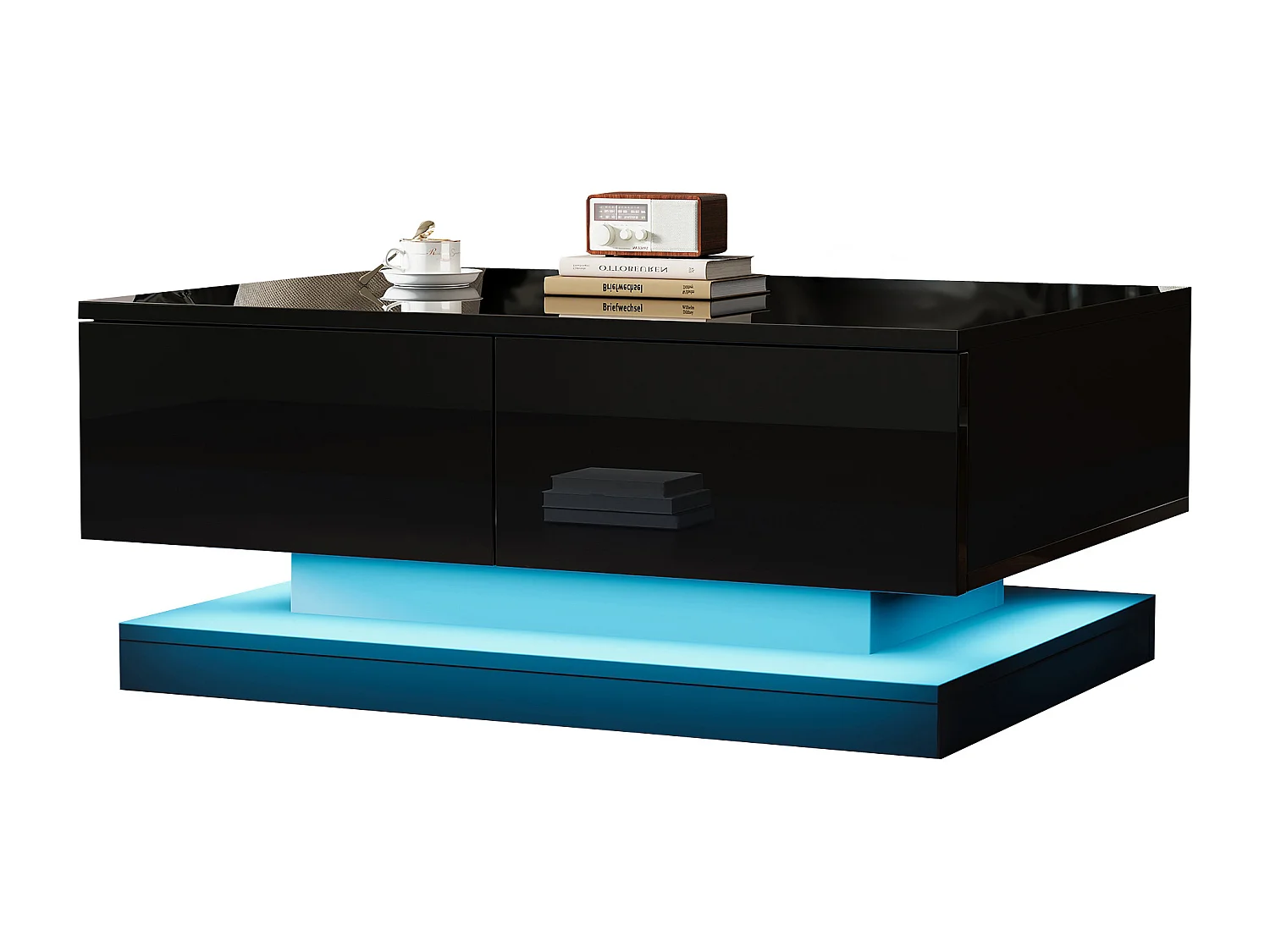 Table basse haute brillance 90x50x38cm - Avec 2 tiroirs - Avec éclairage LED - Noir