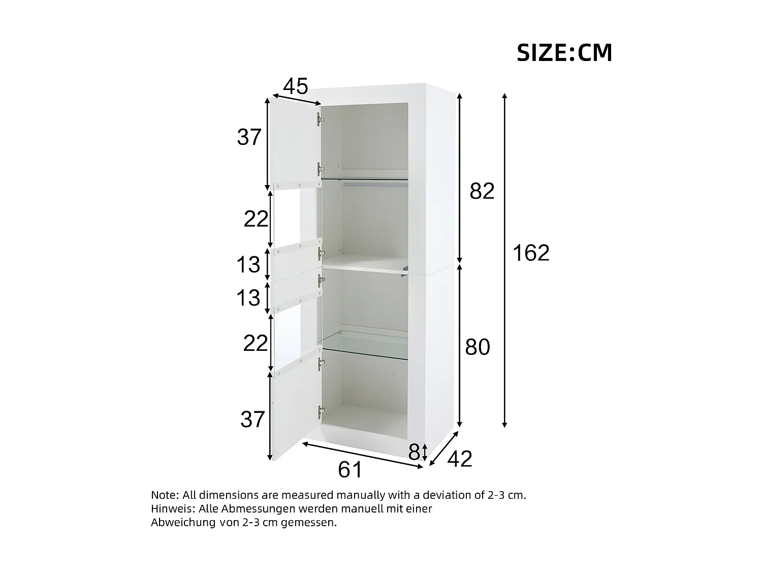 Vitrine moderne 61x42x162cm - avec éclairage LED - avec 2 portes - blanc