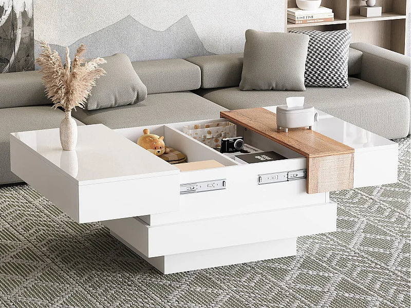 Ausziehbarer Couchtisch 70 x 70 x 39 cm – mit verstecktem Stauraum und Trennwänden – Weiß