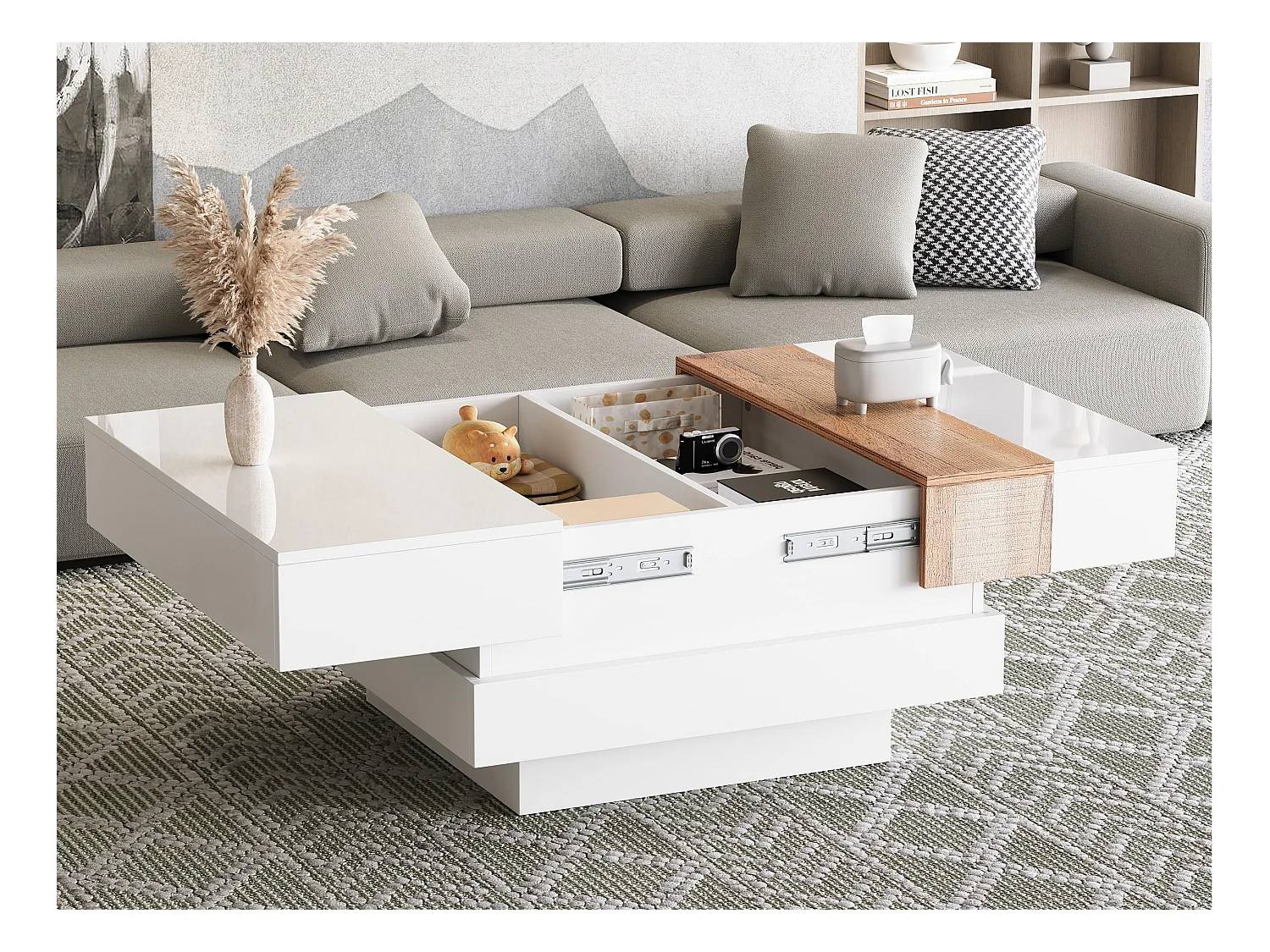 Ausziehbarer Couchtisch 70 x 70 x 39 cm – mit verstecktem Stauraum und Trennwänden – Weiß