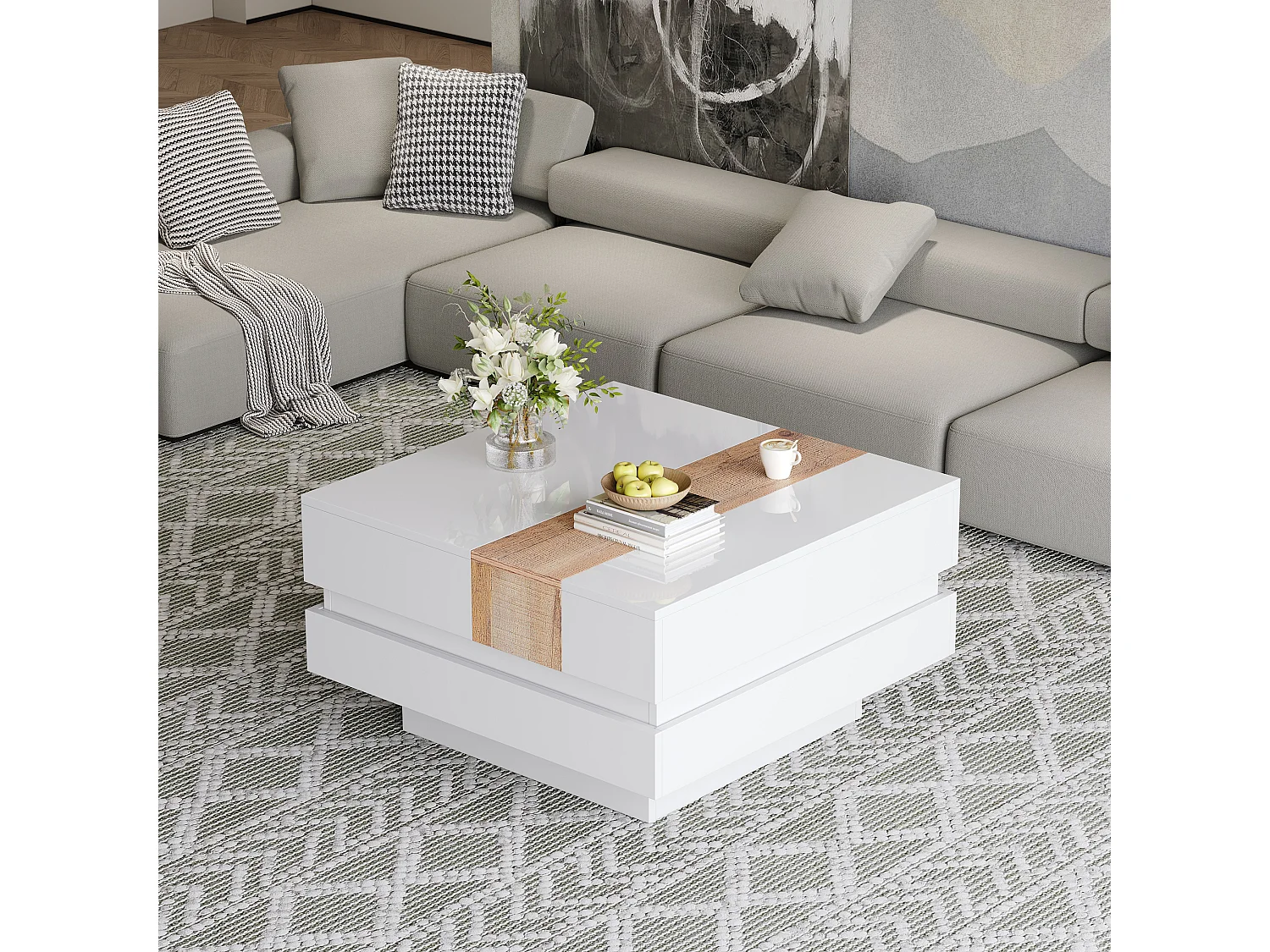 Ausziehbarer Couchtisch 70 x 70 x 39 cm – mit verstecktem Stauraum und Trennwänden – Weiß