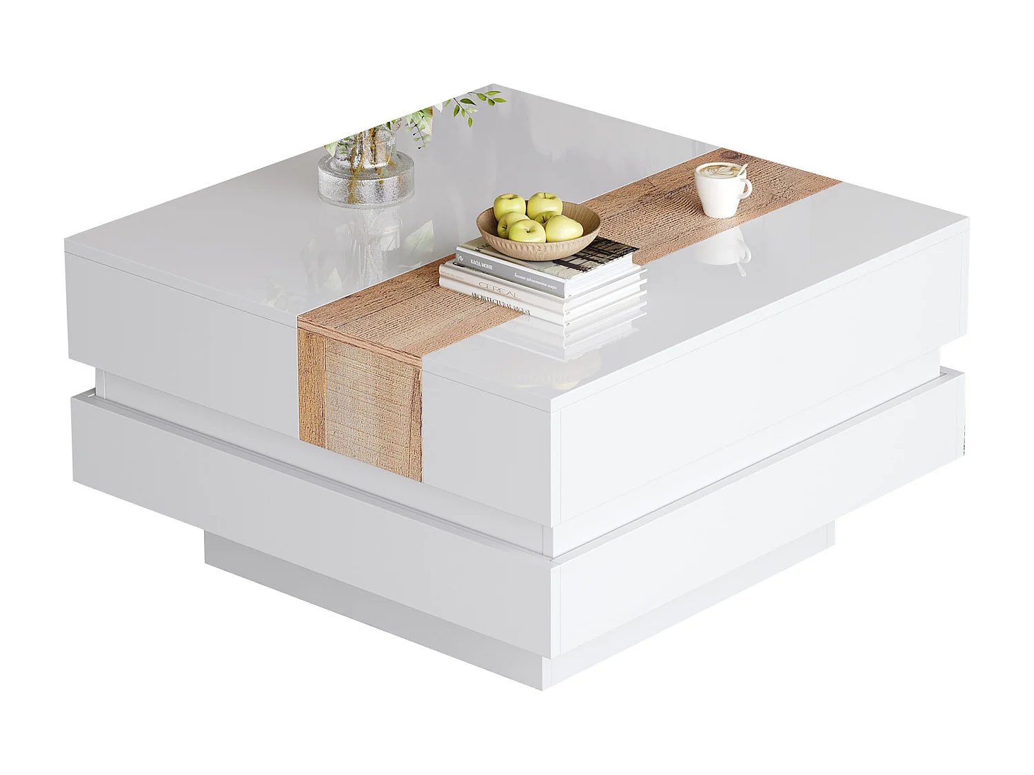 Ausziehbarer Couchtisch 70 x 70 x 39 cm – mit verstecktem Stauraum und Trennwänden – Weiß