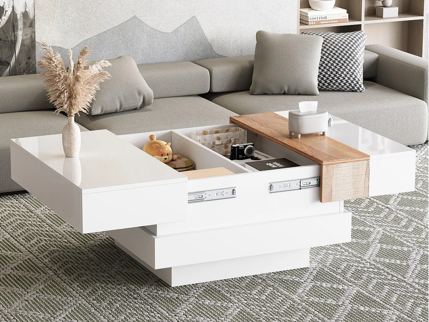 Table basse rétractable 70x70x39cm - avec espace de rangement caché et cloison - blanc