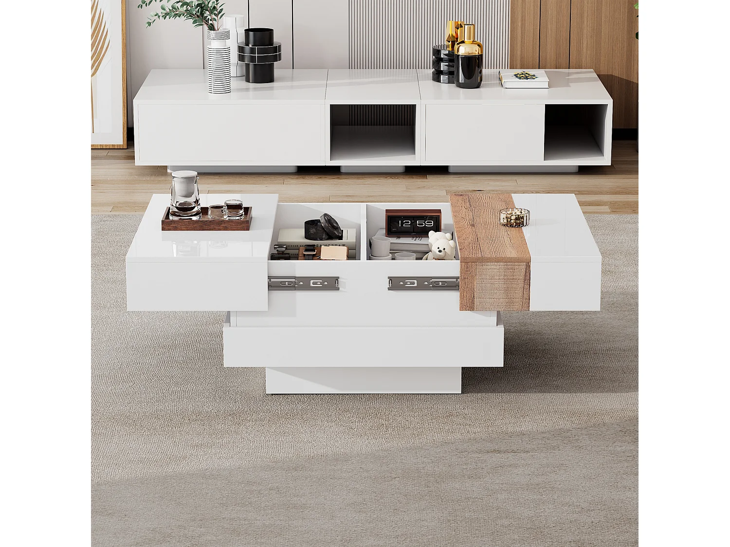 Table basse rétractable 70x70x39cm - avec espace de rangement caché et cloison - blanc