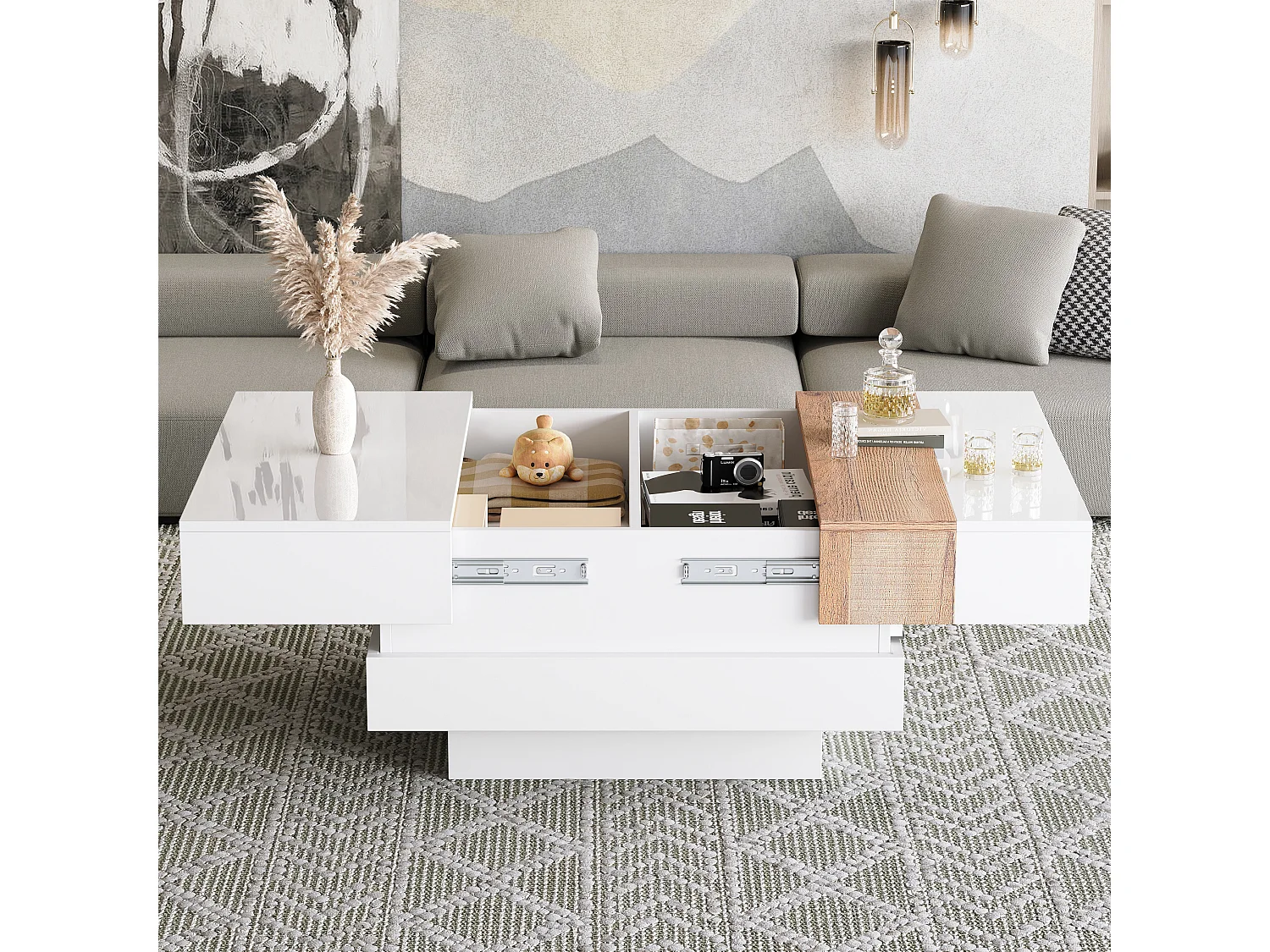 Table basse rétractable 70x70x39cm - avec espace de rangement caché et cloison - blanc