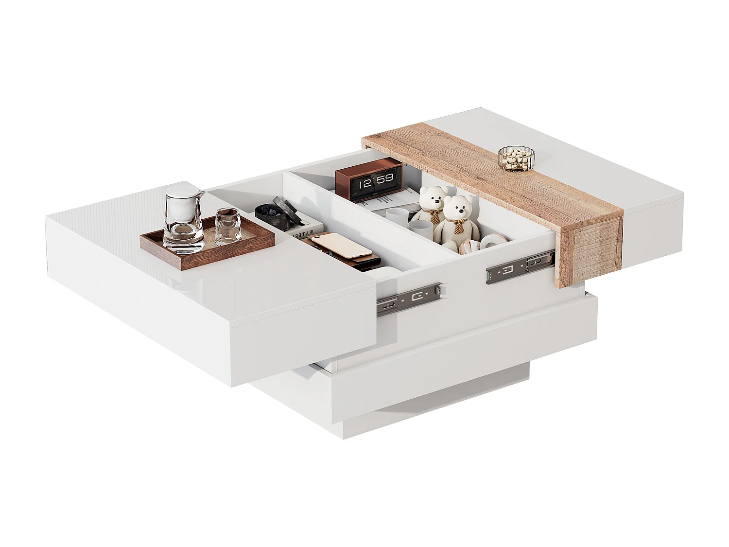 Table basse rétractable 70x70x39cm - avec espace de rangement caché et cloison - blanc