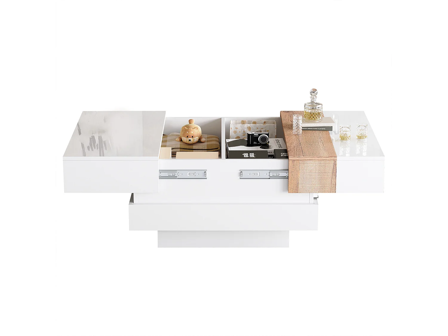 Table basse rétractable 70x70x39cm - avec espace de rangement caché et cloison - blanc