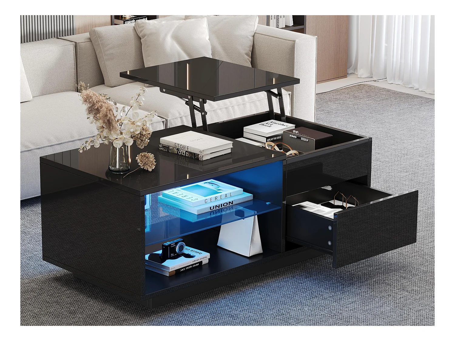 Table basse réglable en hauteur - avec éclairage LED - avec 1 tiroir - avec rangement dissimulé - Noir