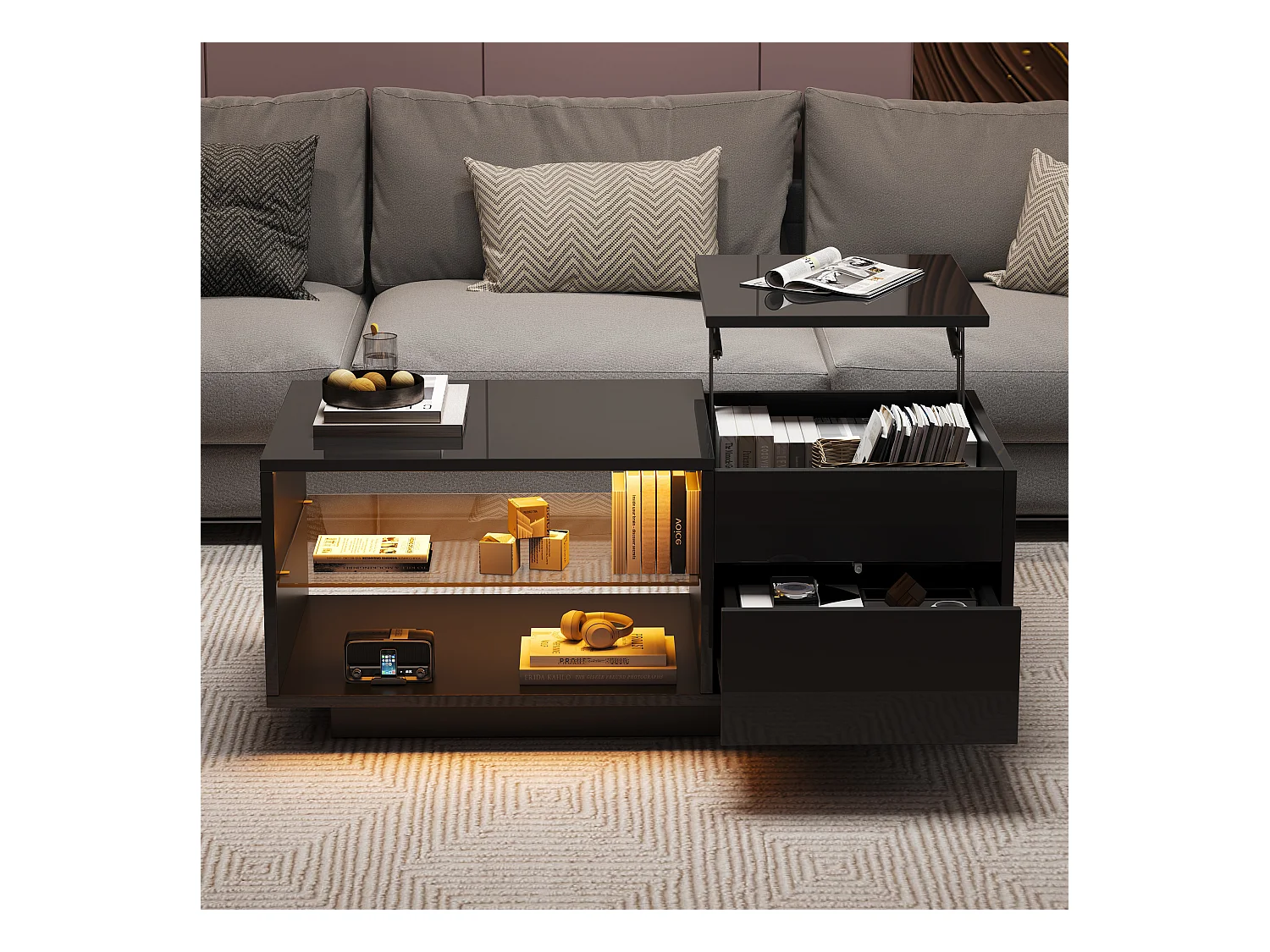 Table basse réglable en hauteur - avec éclairage LED - avec 1 tiroir - avec rangement dissimulé - Noir