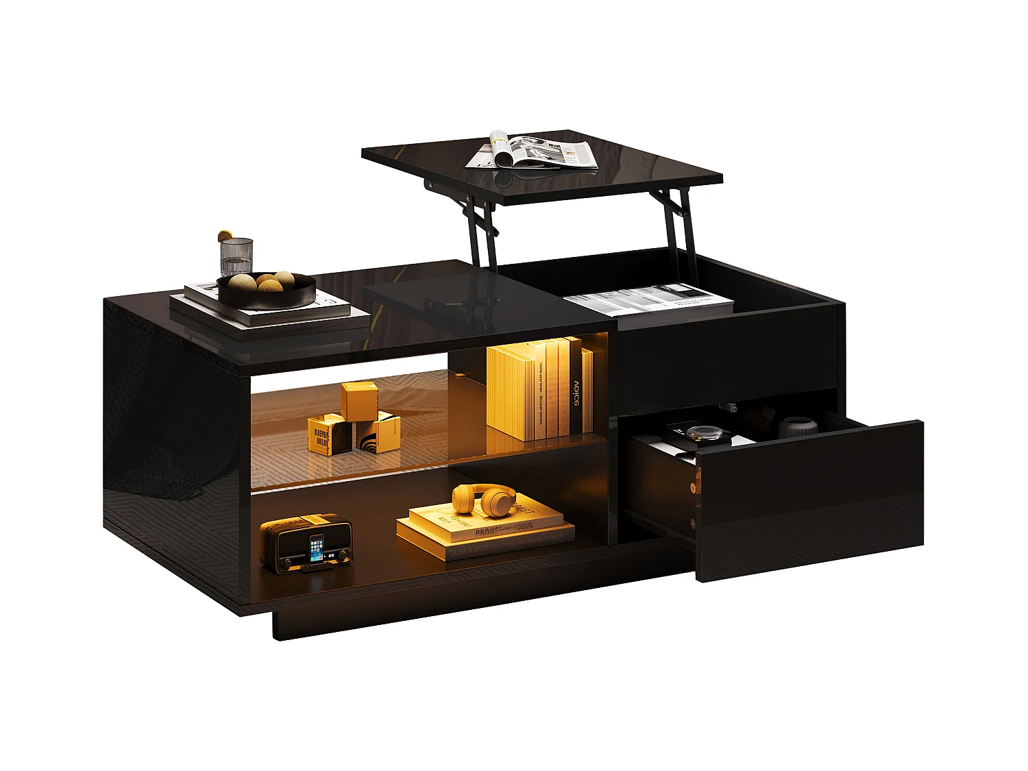 Table basse réglable en hauteur - avec éclairage LED - avec 1 tiroir - avec rangement dissimulé - Noir