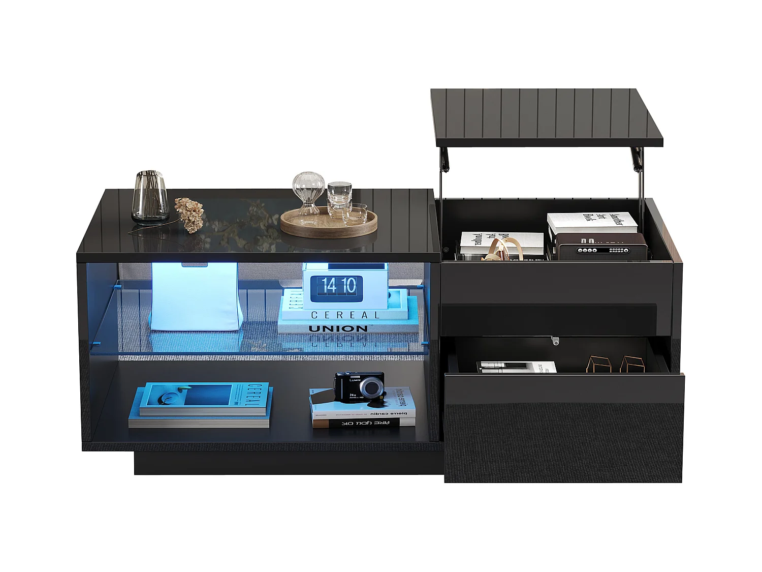 Table basse réglable en hauteur - avec éclairage LED - avec 1 tiroir - avec rangement dissimulé - Noir