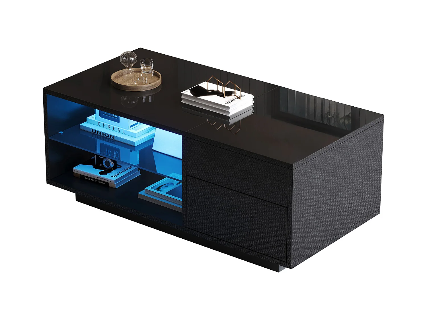 Table basse réglable en hauteur - avec éclairage LED - avec 1 tiroir - avec rangement dissimulé - Noir