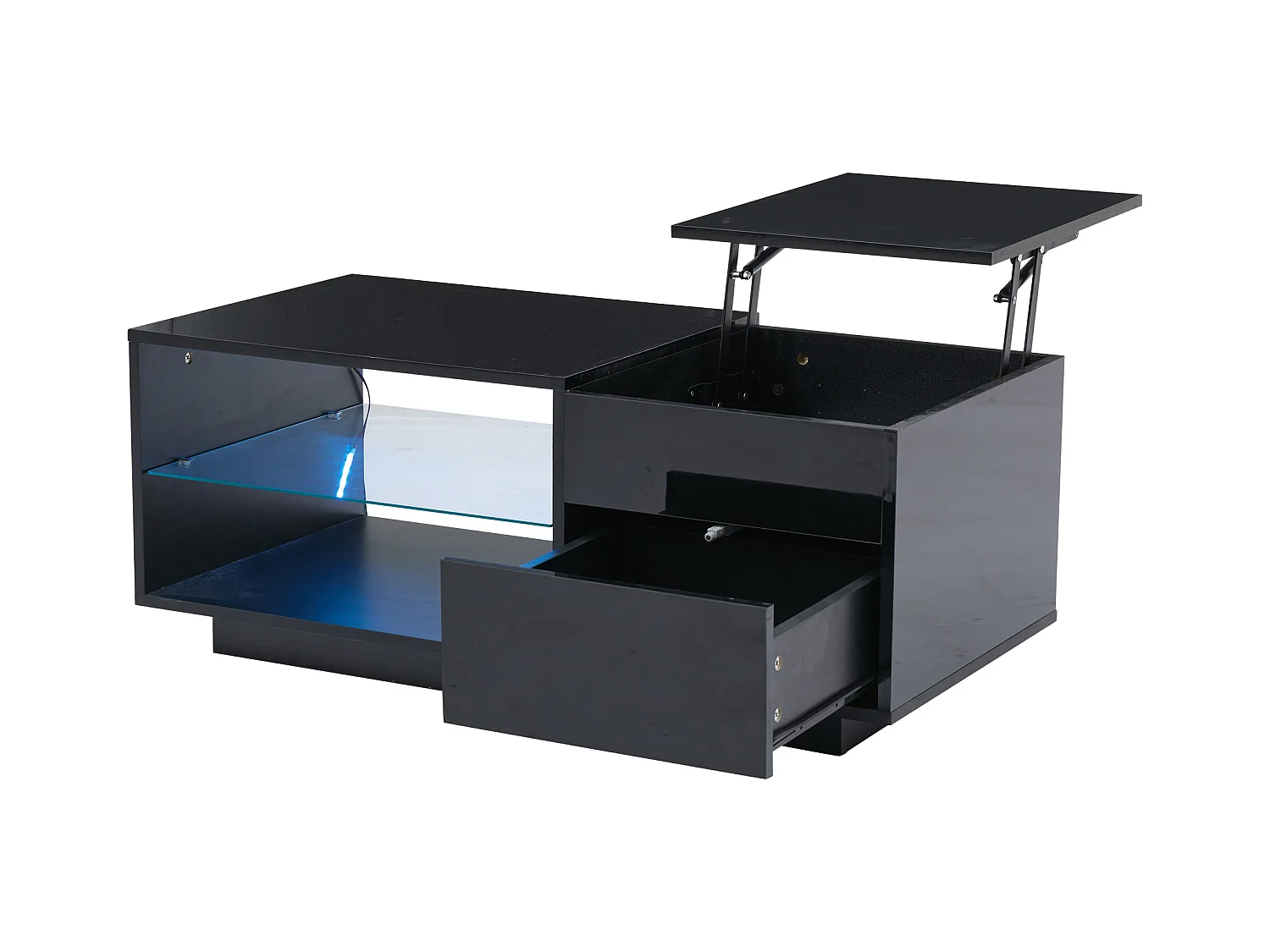 Table basse réglable en hauteur - avec éclairage LED - avec 1 tiroir - avec rangement dissimulé - Noir