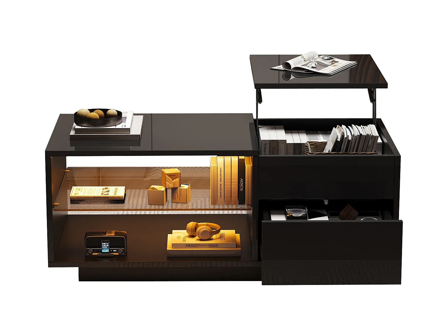 Table basse réglable en hauteur - avec éclairage LED - avec 1 tiroir - avec rangement dissimulé - Noir