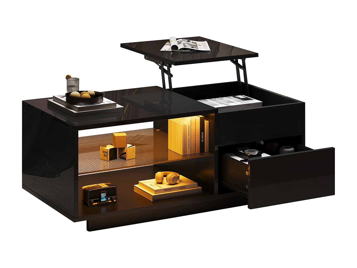 Table basse réglable en hauteur - avec éclairage LED - avec 1 tiroir - avec rangement dissimulé - Noir