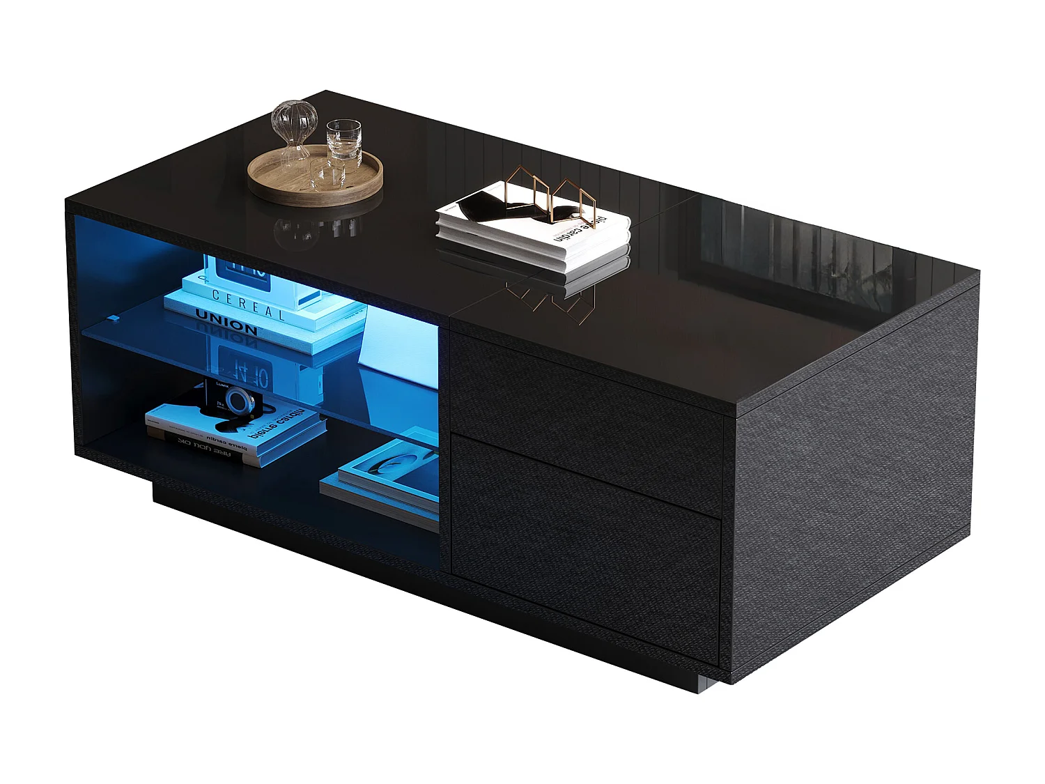 Table basse réglable en hauteur - avec éclairage LED - avec 1 tiroir - avec rangement dissimulé - Noir