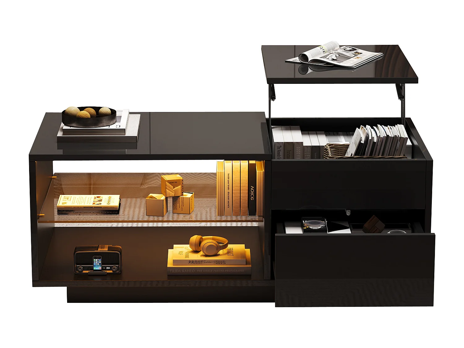 Table basse réglable en hauteur - avec éclairage LED - avec 1 tiroir - avec rangement dissimulé - Noir