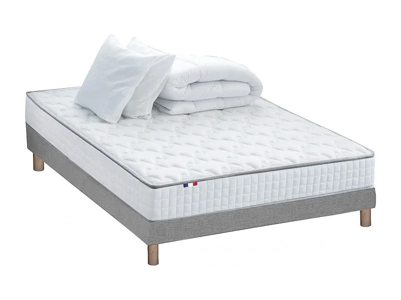 Pack matelas ressorts ASTRE, sommier, couette et oreillers français Dimensions - 140 x 200 cm, Sommier - Gris