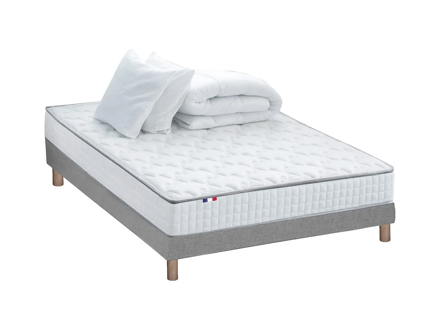 Pack matelas ressorts ASTRE, sommier, couette et oreillers français Dimensions - 140 x 190 cm, Sommier - Gris