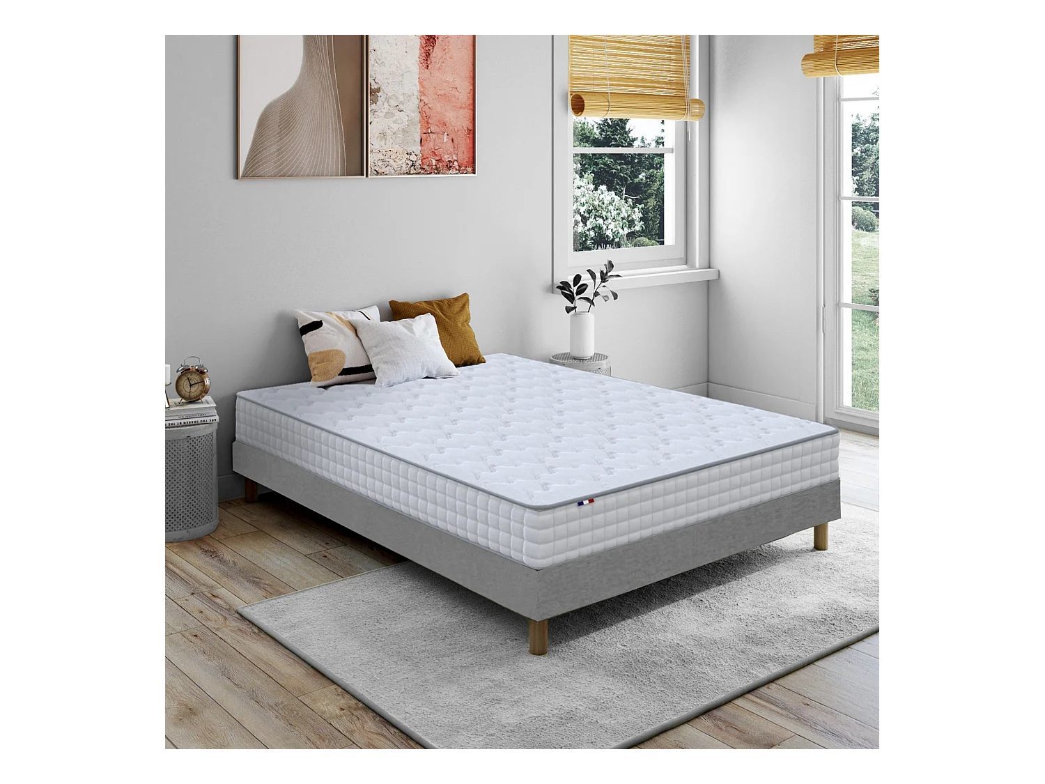 Pack matelas ressorts ASTRE, sommier, couette et oreillers français Dimensions - 140 x 190 cm, Sommier - Gris