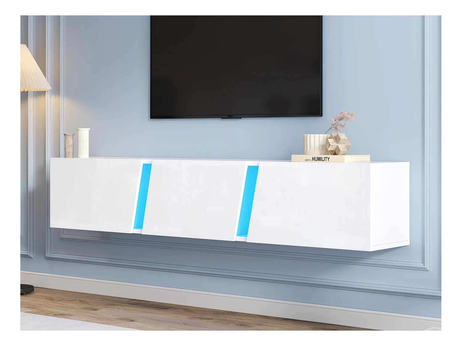 Meuble TV mural 180x35x30cm - avec 3 portes - avec éclairage LED - pour téléviseurs 75" - blanc