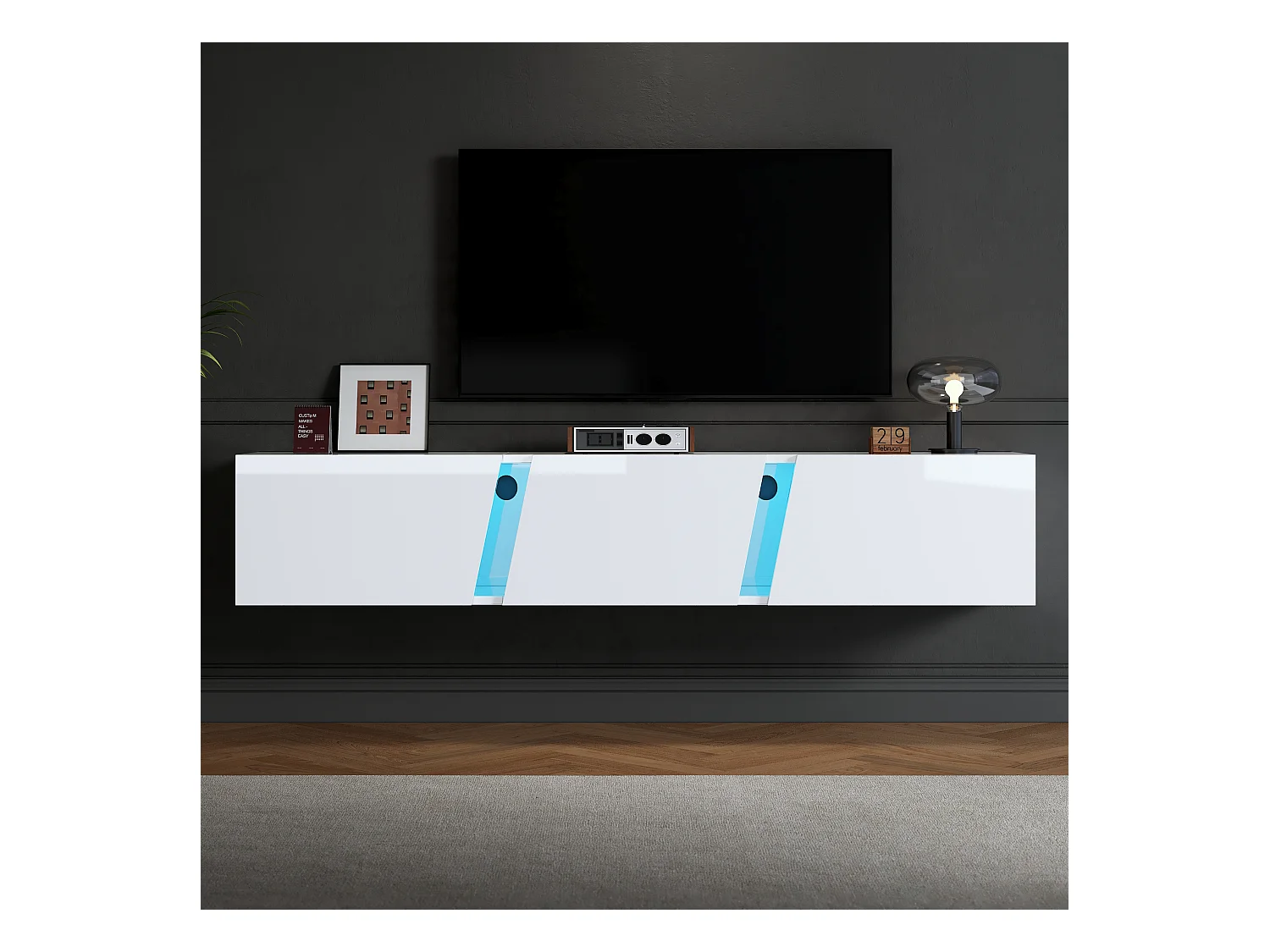 Meuble TV mural 180x35x30cm - avec 3 portes - avec éclairage LED - pour téléviseurs 75" - blanc