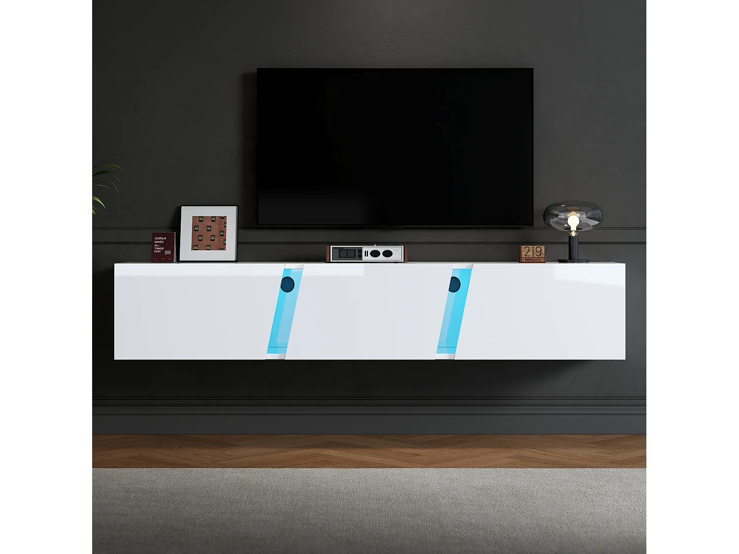 Mueble de TV mural 180x35x30cm - con 3 puertas - con iluminación LED - para televisores de 75" - blanco