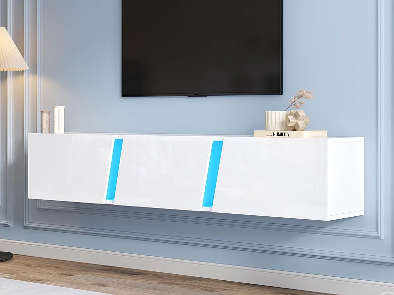 Mobile TV a parete 180x35x30cm - con 3 porte - con illuminazione LED - per televisori da 75" - bianco