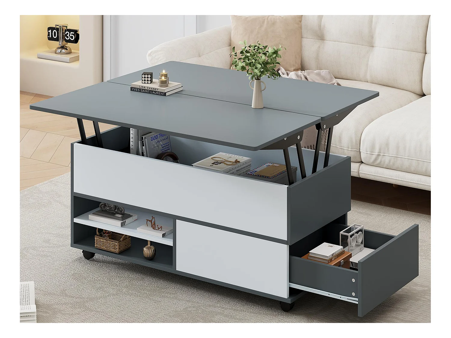 Höhenverstellbarer Couchtisch 100x98x65cm - mit Stauraum und Regalen - mit Rollen und 1 Schublade - grau und weiß