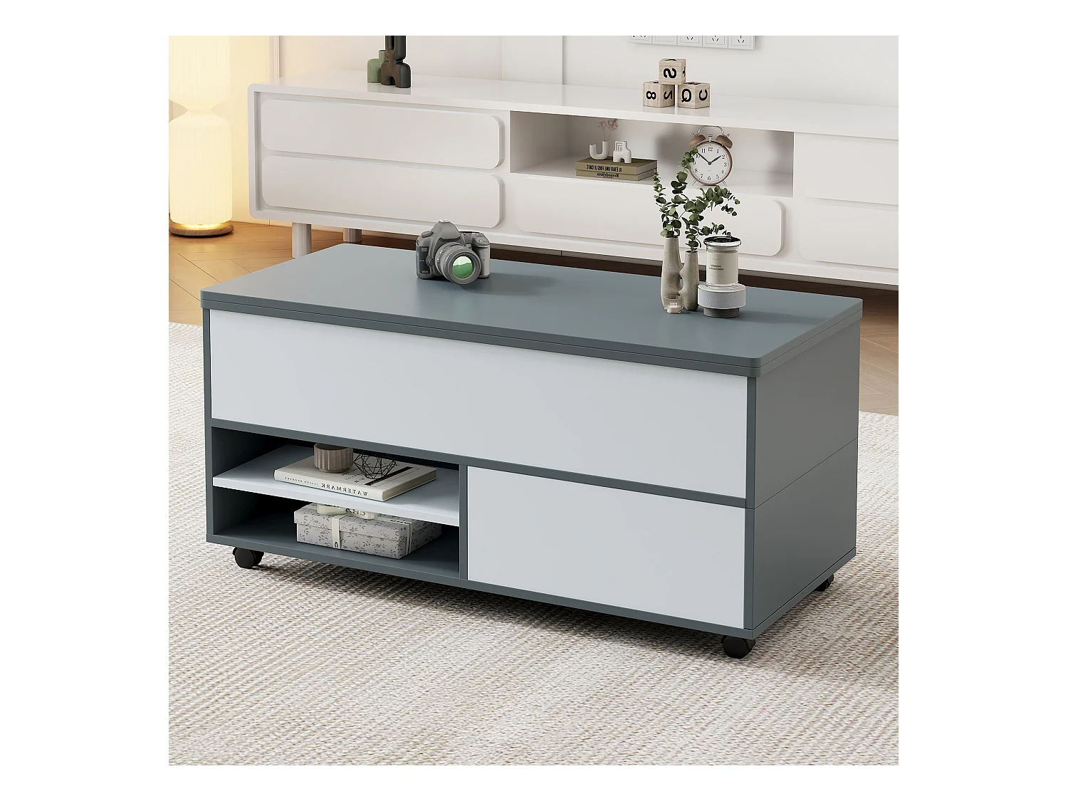 Höhenverstellbarer Couchtisch 100x98x65cm - mit Stauraum und Regalen - mit Rollen und 1 Schublade - grau und weiß